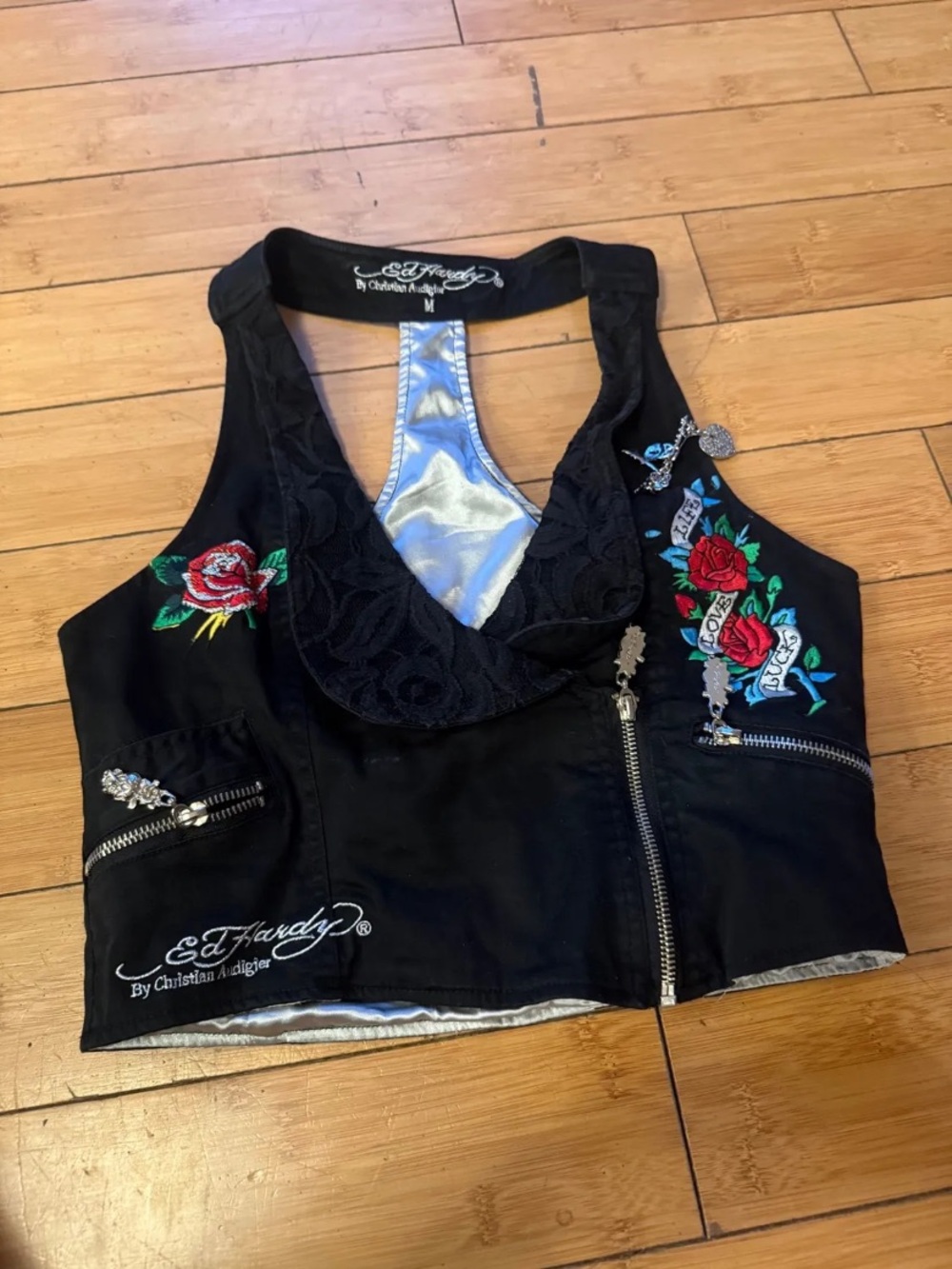 Ed Hardy Black Cropped Embroidered Rose Vest